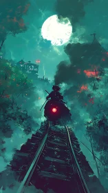 Steam train under full moon on forest hillside at night.