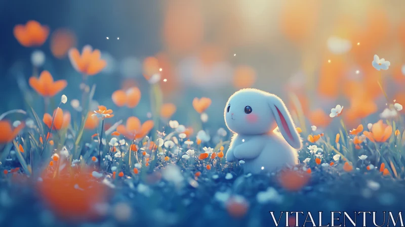 Cute white bunny sitting in glowing orange flower field.