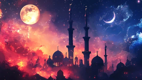 Celestial mosque skyline glows beneath dual luminous moons
