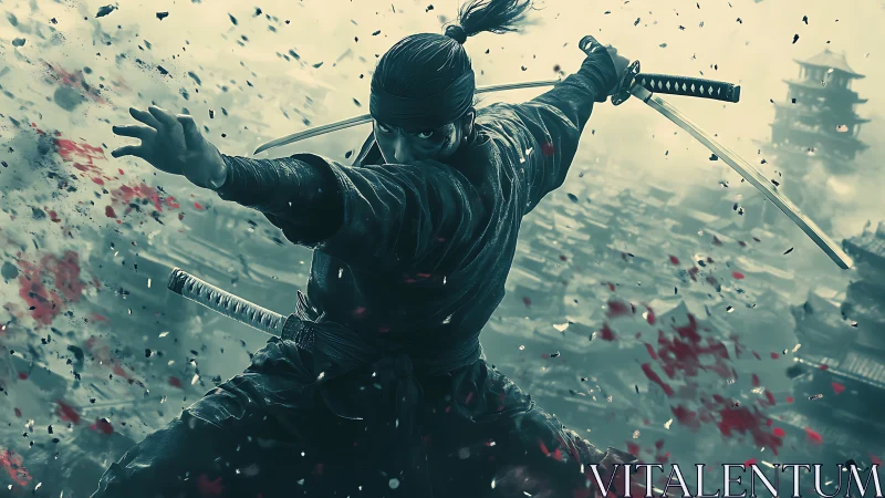 Samurai warrior unleashes dual katana strike amid battle.