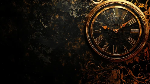 Digital painting of ornate vintage clock on dark textured ground.