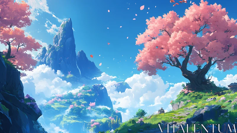 Pink blossom trees on bright floating mountain landscape.