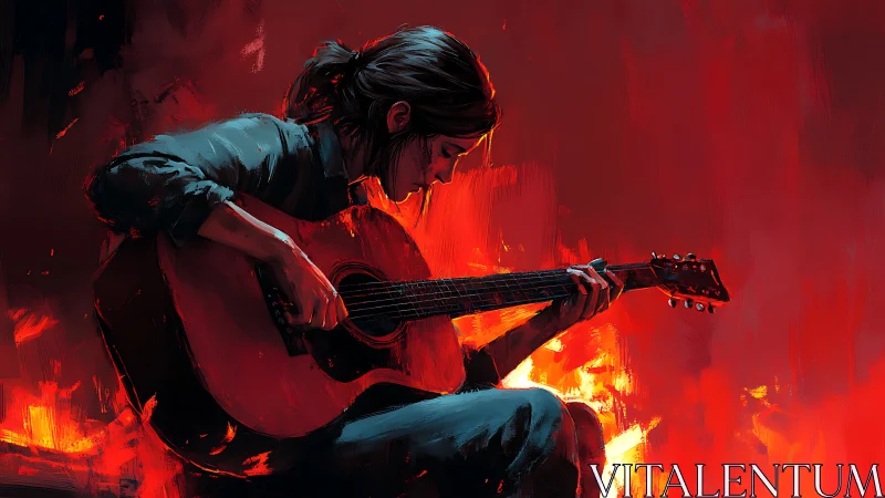 Guitarist sits in burning red light, carving quiet melody