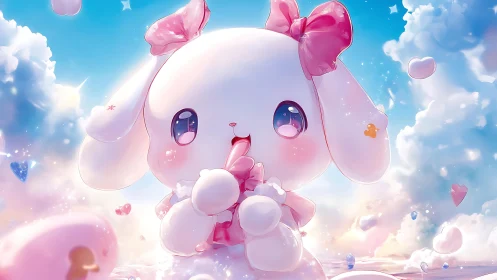 Kawaii pastel bunny character in luminous sky environment.
