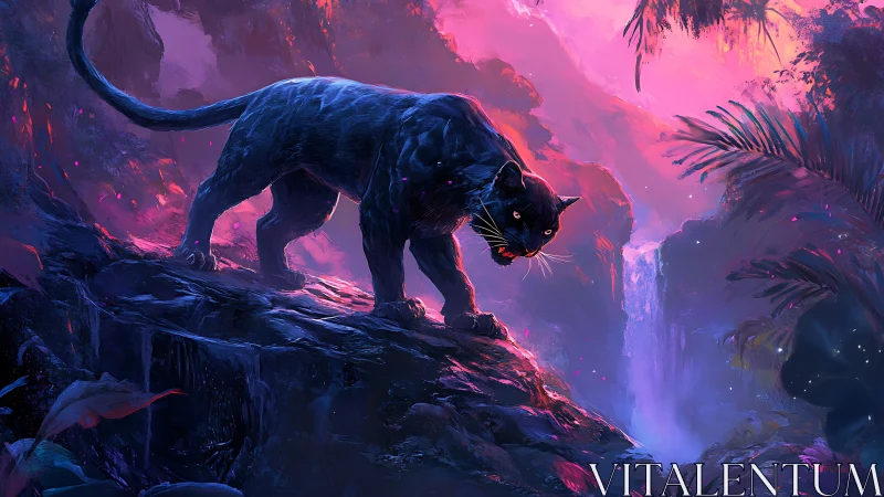 Dark feline silhouette positioned on terrain with luminescent environmental elements
