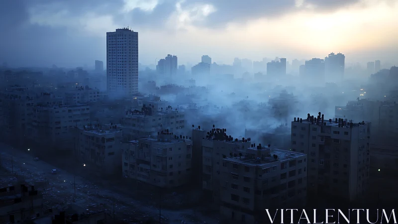 Misty high-rise skyline wrapped in soft blue twilight hush.