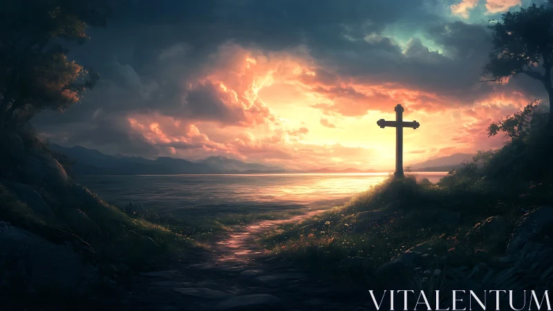 Radiant littoral cruciform under volumetric sunset skyfield.