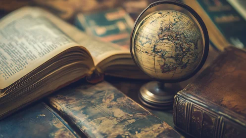 Vintage globe sits beside worn open books on a table
