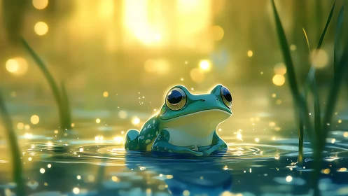 Bioluminescent tree frog in shallow pond with golden bokeh glow.