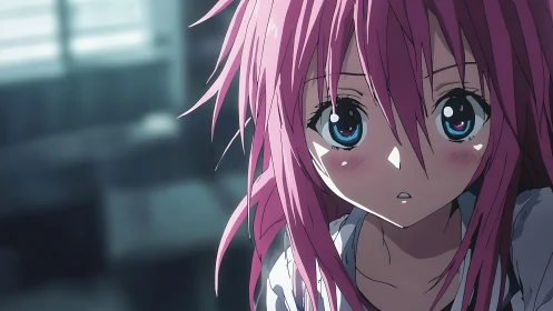 Close anime portrait of pink haired girl in dim classroom