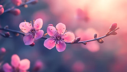 Pink blossoms on branch with shallow depth of field.