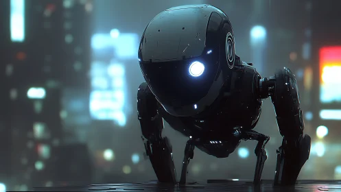 Quadruple robot scouts neon city under cold rainfall.