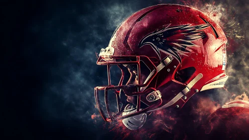 Crimson gridiron helmet blazing through storm-born smoke.