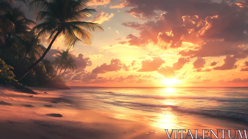 Sunlit tropical shoreline glowing with a peaceful sunset.