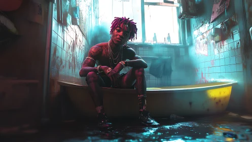 Neon-soaked bathtub throne with brooding urban rebel.