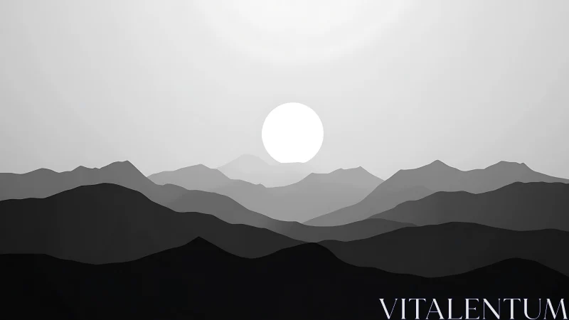 Monochrome layered mountain silhouettes under rising sun.