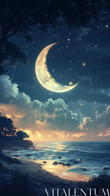Digital painting seascape with crescent moonlit skyscape.