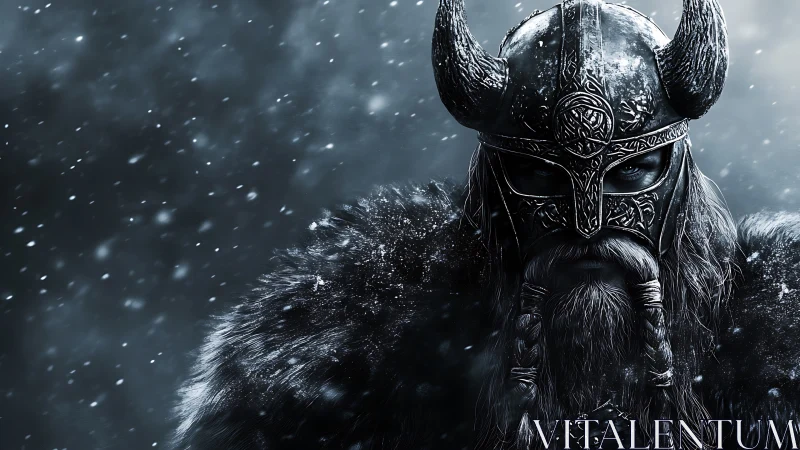 Armored Viking warrior rendered in high-contrast icy snowfall