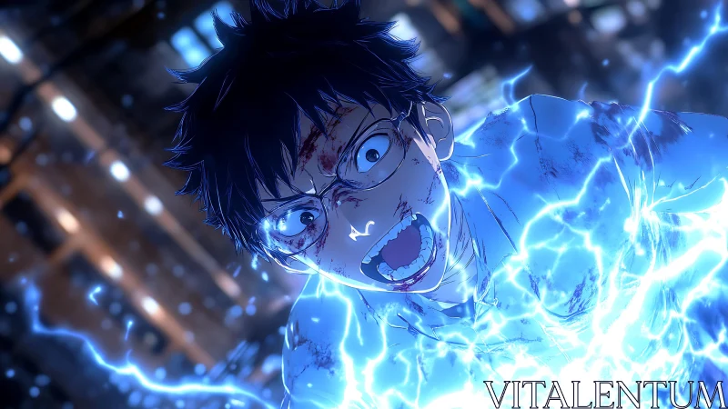 Electrified anime protagonist under blue energy surge