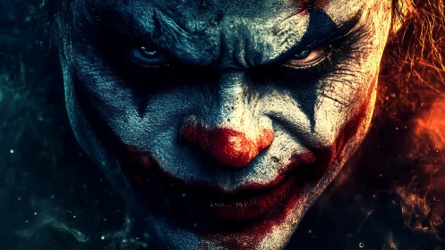 Sinister clown portrait in high contrast neon color lighting.