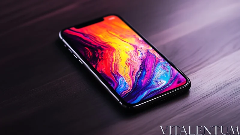 Black Smartphone Displays Vibrant Neon Liquid Abstraction