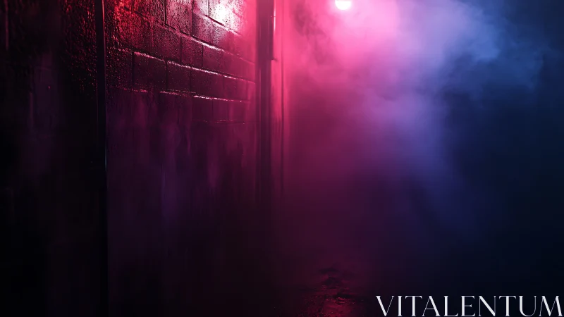 Moody misty alley glowing with soft neon night light.