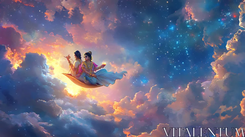 Divine lovers glide through nebula clouds in luminous sky.