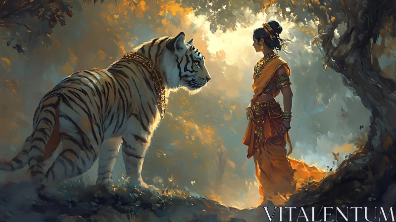 Jungle empress meets jeweled tiger in dawnlit sanctuary.