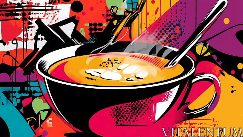 Bold coffee cup pops against vibrant abstract street art.