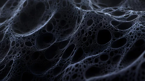 Abstract 3D mesh of dark porous surface in digital art style.