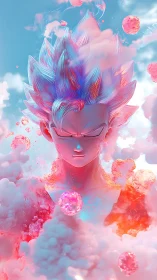 Stylized anime warrior amid pink energy clouds and orbs.