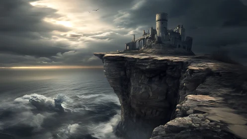Stormy coastal fortress on high eroded cliff edge.