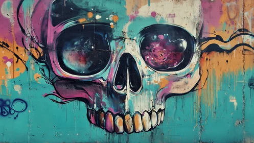 Neon skull smile dripping over turquoise concrete dreams.