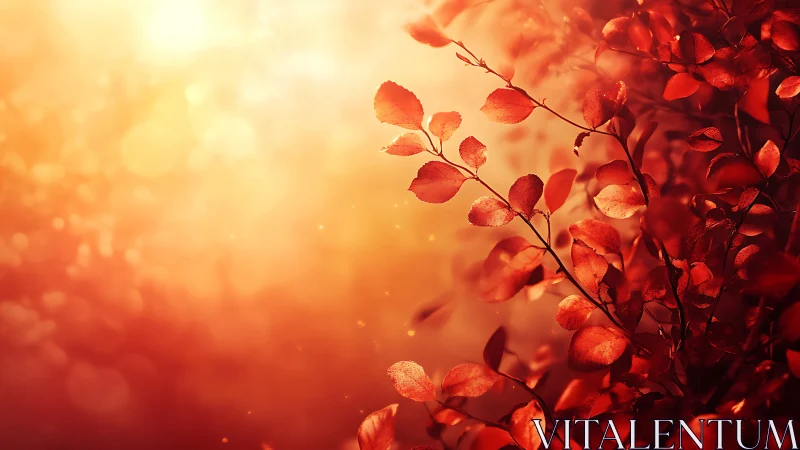 Backlit crimson foliage silhouettes in glowing sunset bokeh.