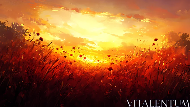 Sunset-illuminated poppy field with dynamic brushwork rendering