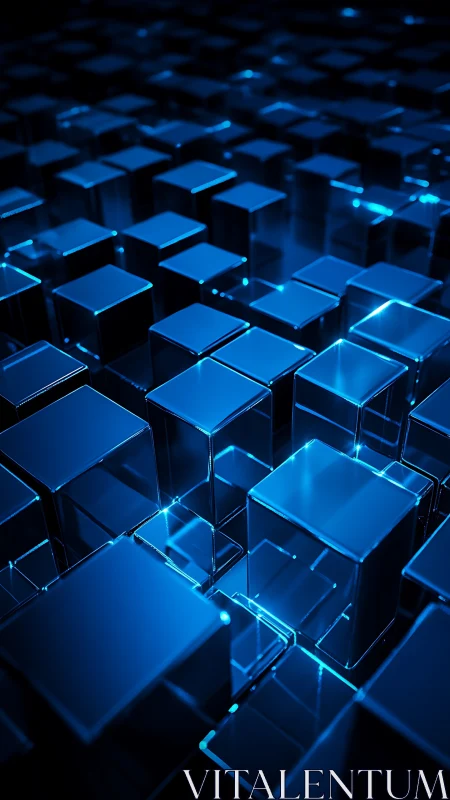 Blue luminous glass cubes in geometric digital grid.
