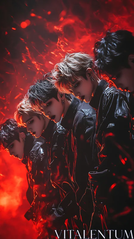 Cohesive cyber-chorus in infernal red volumetric backlight.