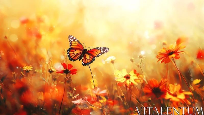 Monarch butterfly over glowing orange wildflower meadow.