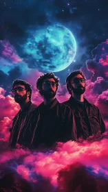 Three neon-lit figures stand beneath a blazing cosmic moon