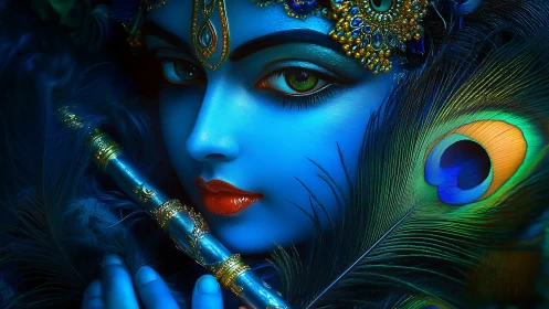 Radiant blue deity with jeweled flute and peacock feather.