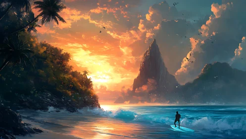 Sunlit surf and misty island peaks at the edge of day.