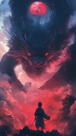 Swordsman faces colossal red eyed demon wolf in clouds