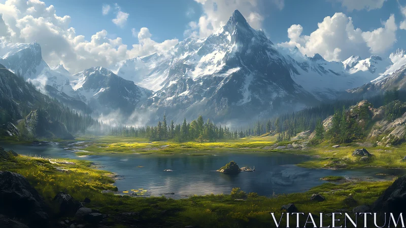 Sunlit alpine lake cradled by quiet snow-capped peaks.