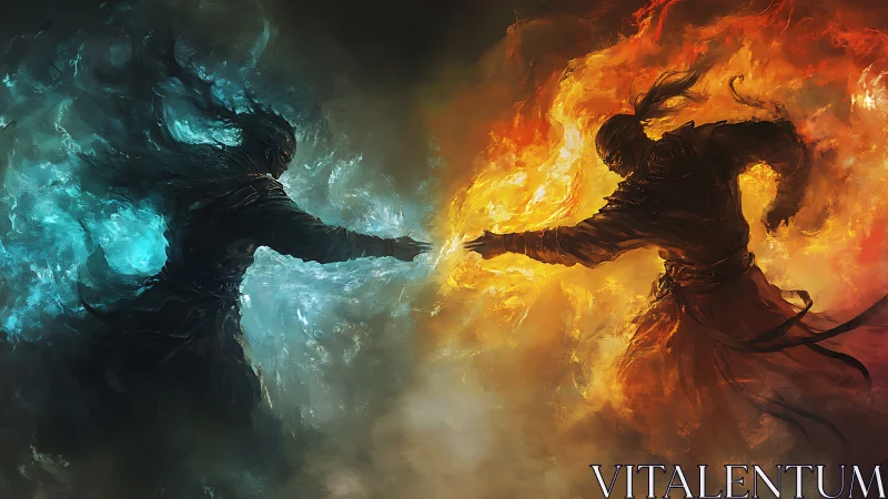 Elemental warriors in opposing blue and orange fire clash.
