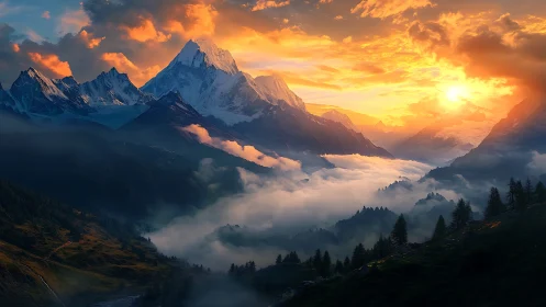 Sunlit alpine peaks above misty forested mountain valley.