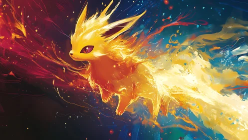 Fiery fox-like creature racing through abstract space.