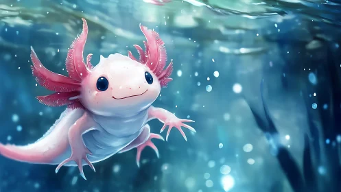 Smiling pink axolotl drifts playfully through glowing water