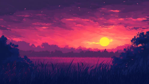 Digital landscape of sun over field and distant treeline.