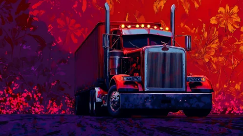 Chrome highway titan cruising through neon floral storm.