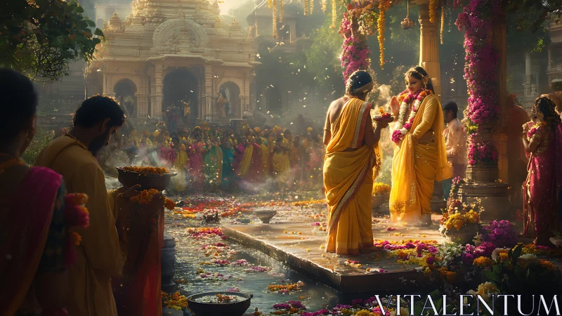 Temple courtyard ritual glows under warm festival light